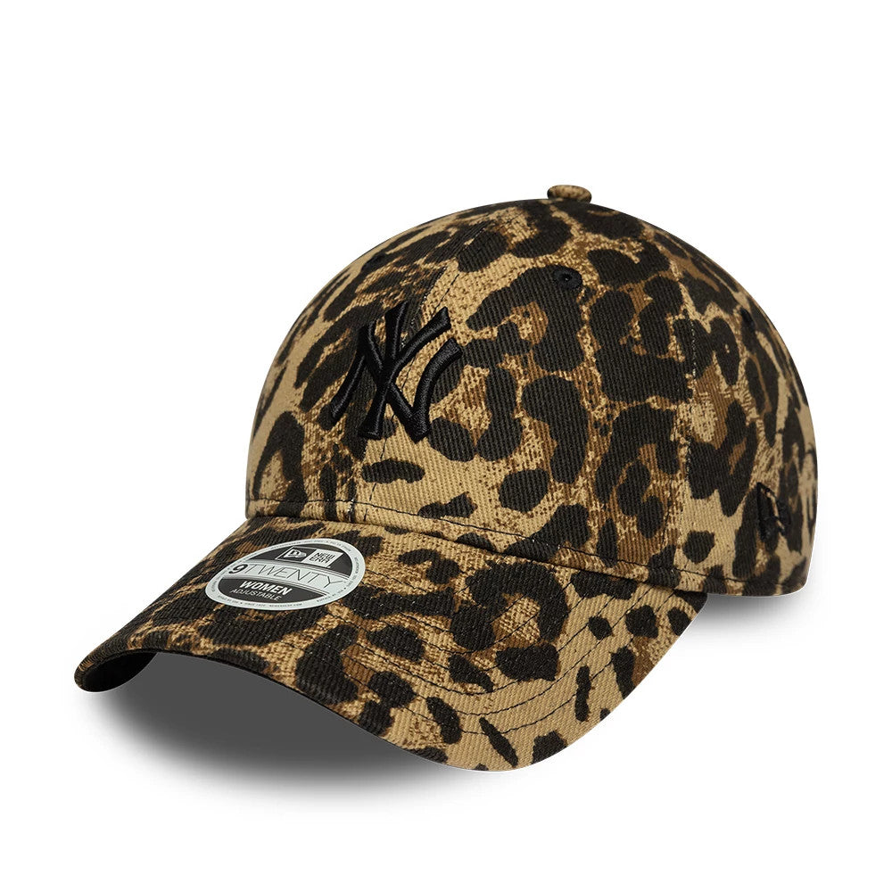 New York Yankees Womens MLB Leopard Dark Brown New Era 9TWENTY Adjustable Cap, three-quarter view showing the black embroidered NY logo on the leopard print front panels, with eyelets and a matching top button.