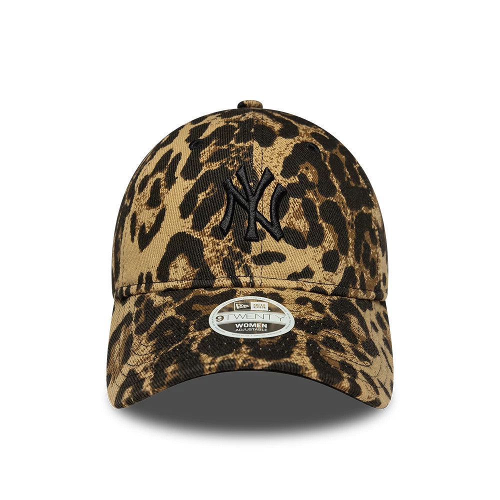 New York Yankees Womens MLB Leopard Dark Brown New Era 9TWENTY Adjustable Cap, front view showing the black embroidered NY logo on the leopard print crown, with a matching patterned curved visor and a 9TWENTY size sticker on the centre.