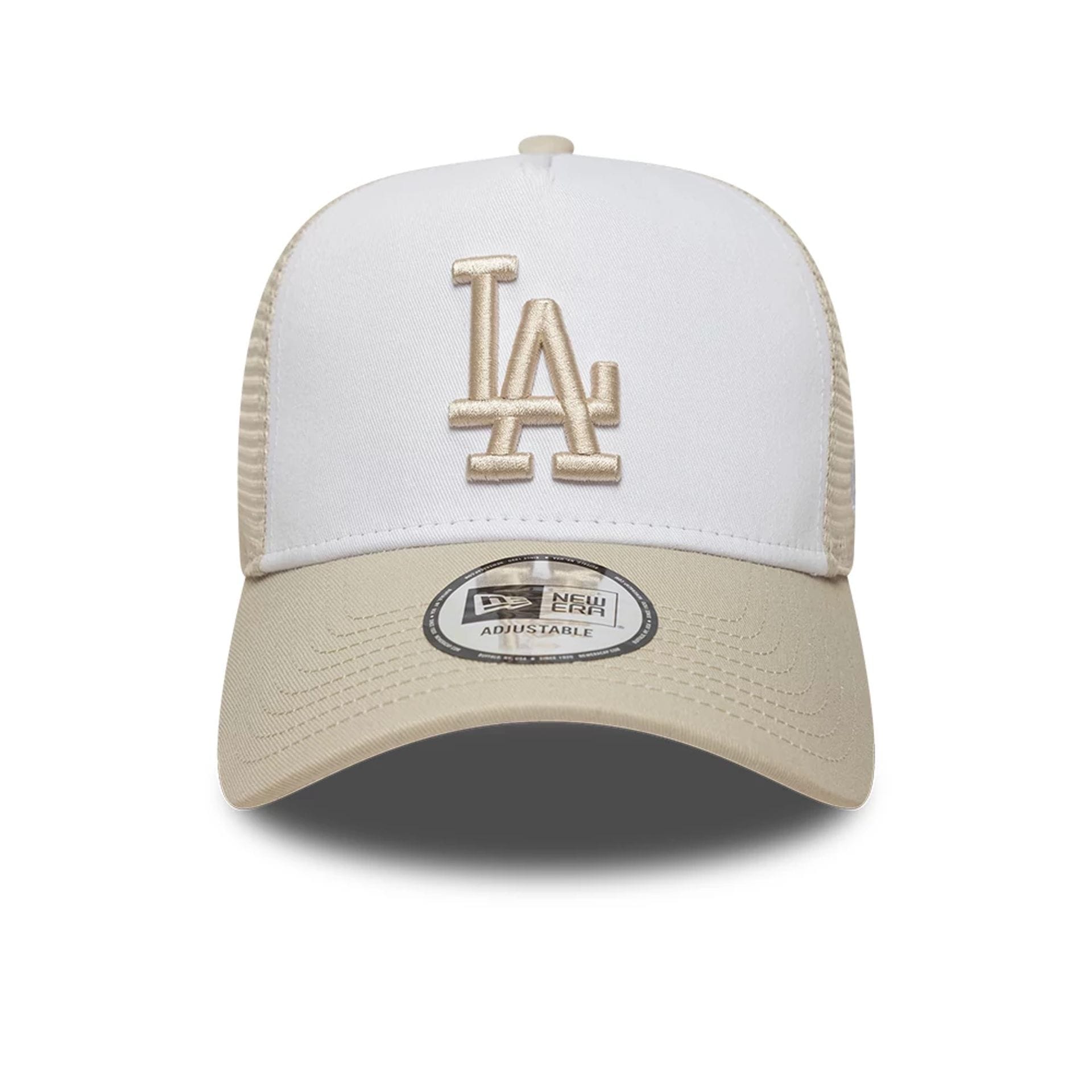 Pictured is this MLB League Essential LA Dodgers 9FORTY A-Frame Trucker cap in light beige. 2