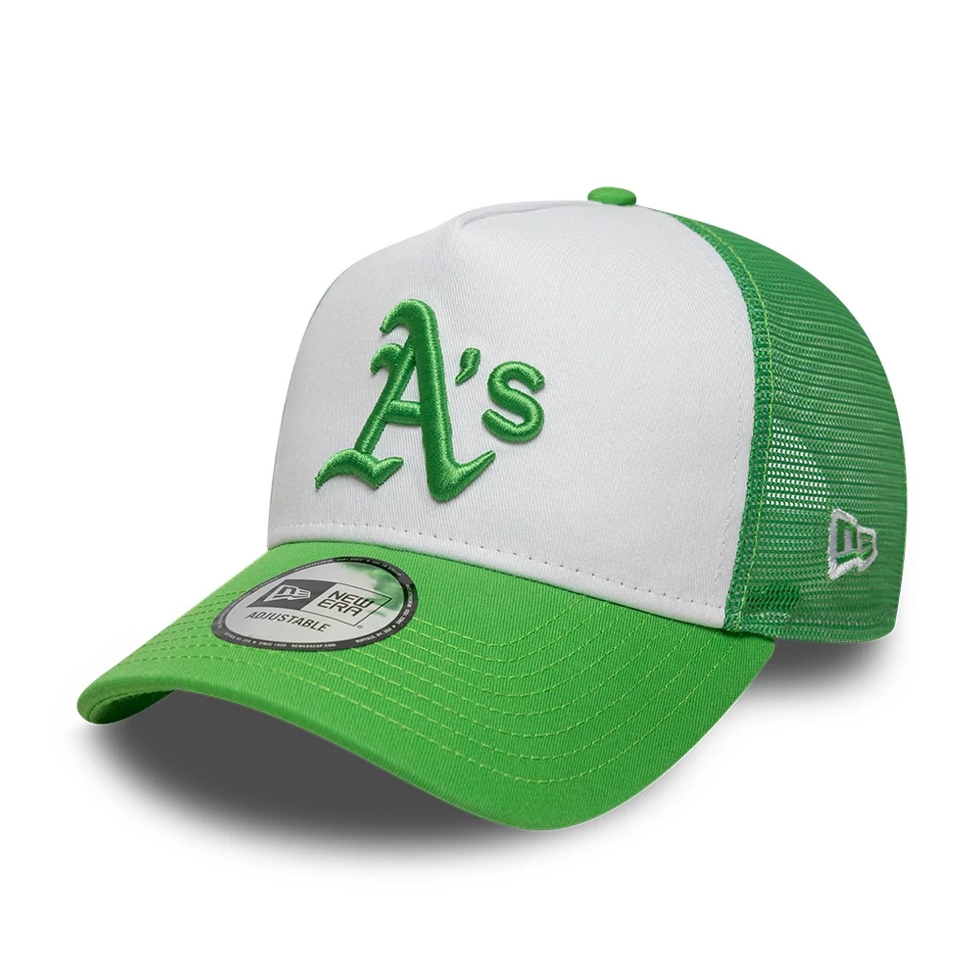 Pictured is this MLB League Essential Athletics 9FORTY A-Frame Trucker cap in open green. 1