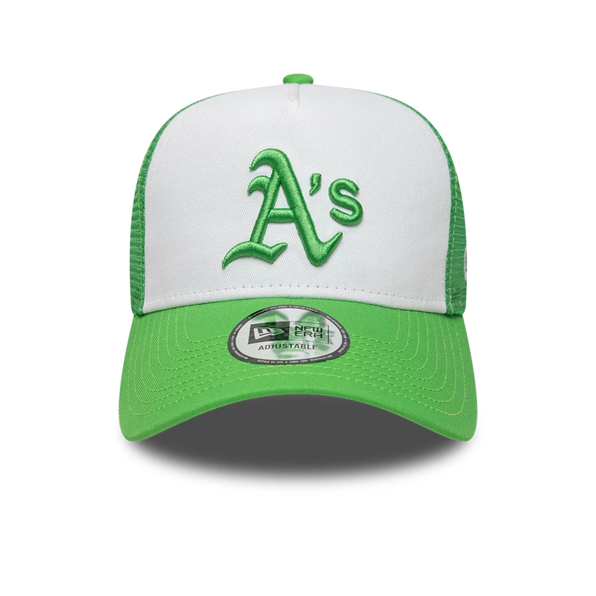 Pictured is this MLB League Essential Athletics 9FORTY A-Frame Trucker cap in open green. 2