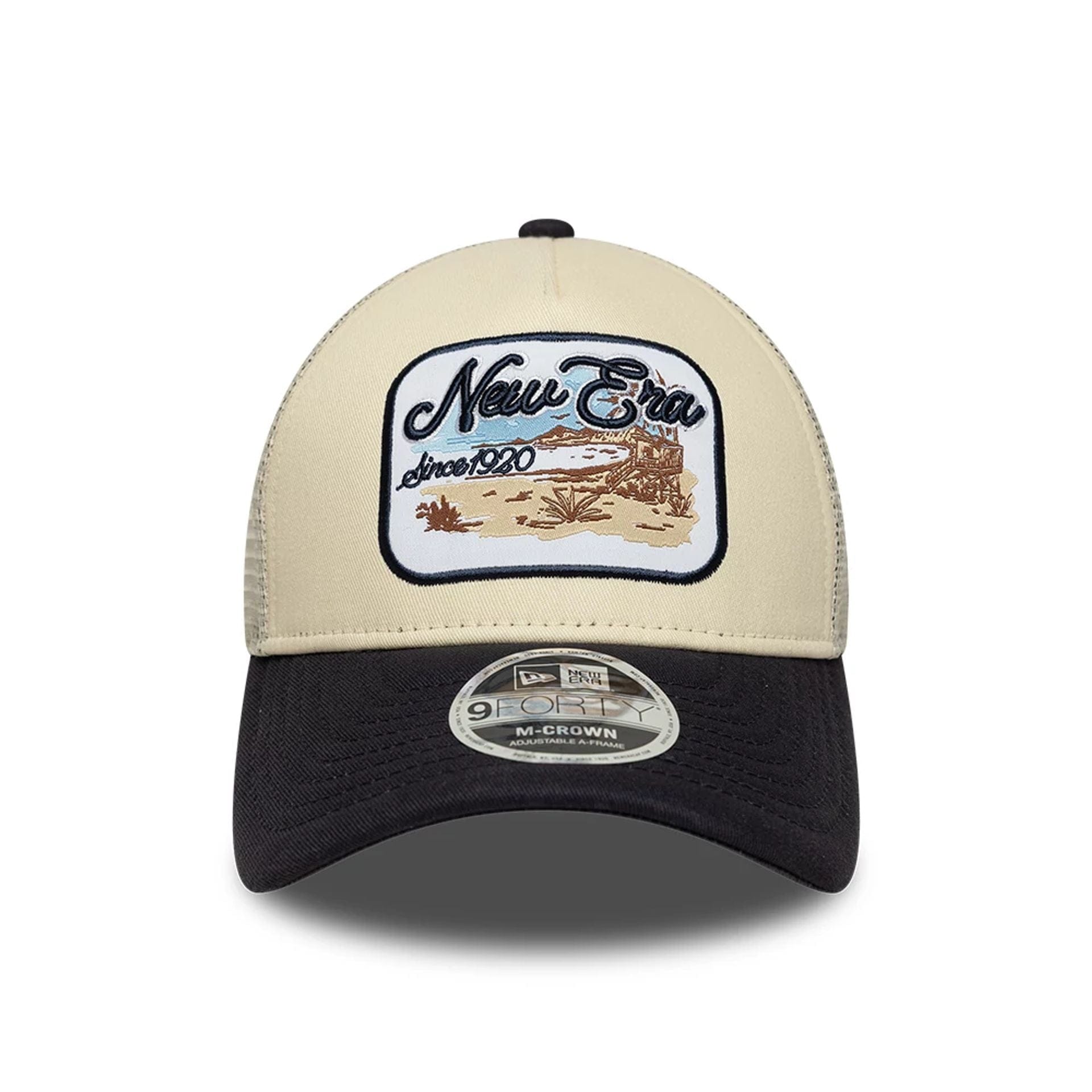 Pictured is this New Era 9FORTY M-Crown A-Frame Trucker cap in light beige. 2