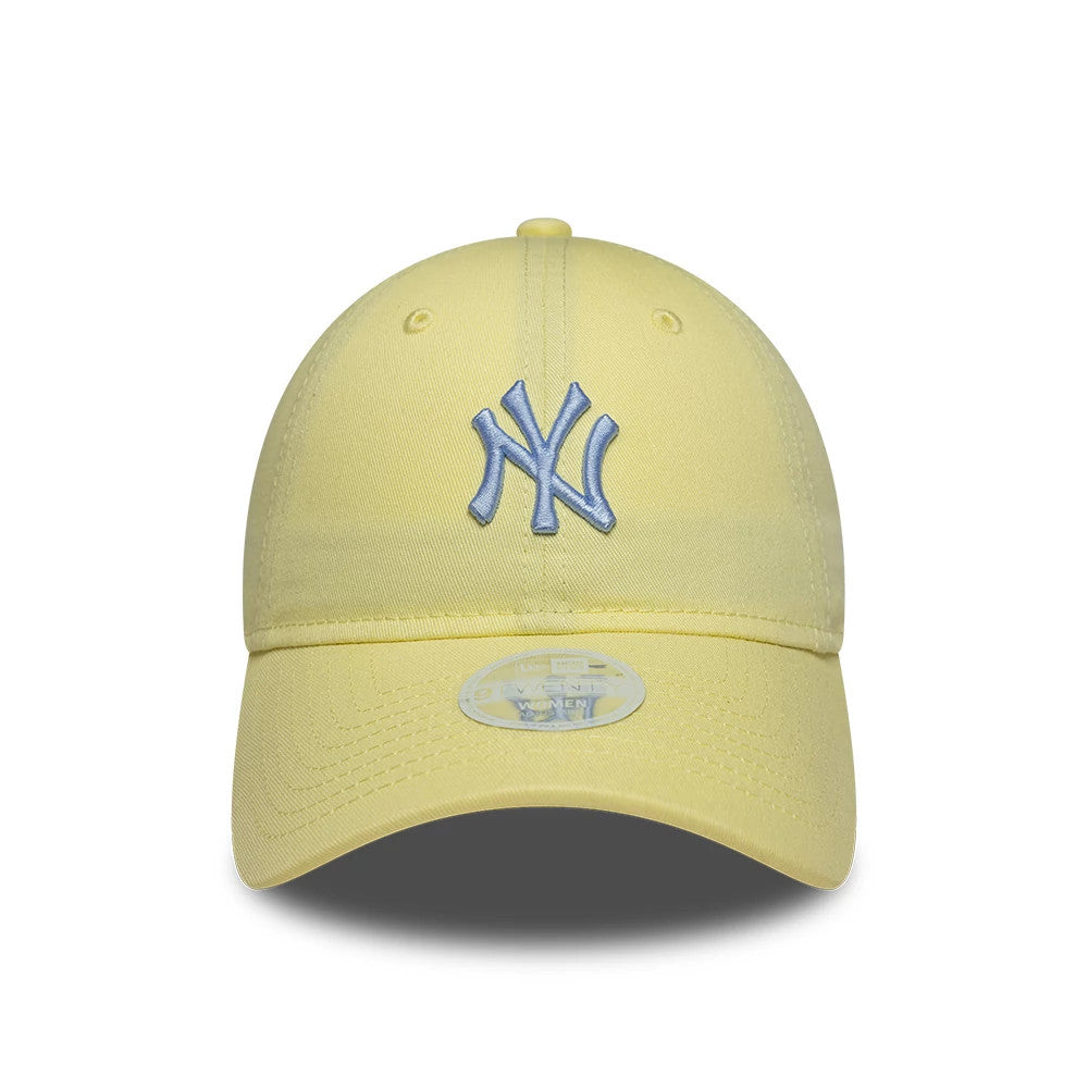 New York Yankees Womens MLB League Essential Pastel Yellow New Era 9TWENTY Adjustable Cap, front view showing the light blue embroidered NY logo on the structured pastel yellow crown, with a 9TWENTY size sticker on the curved visor.