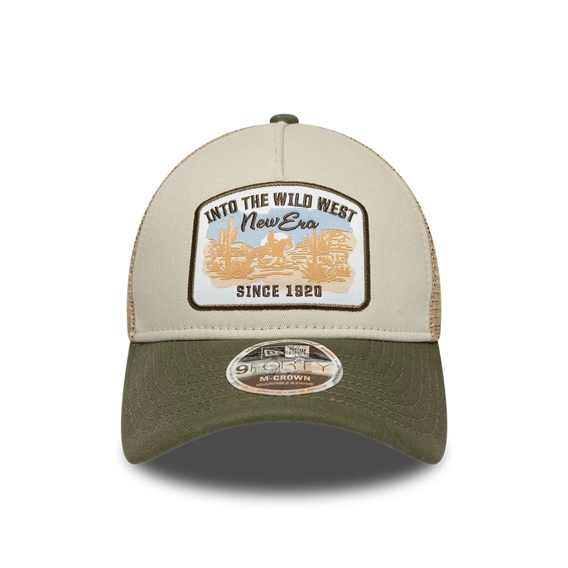 Pictured is this New Era 9FORTY M-Crown A-Frame Trucker cap in Dark Green. 2