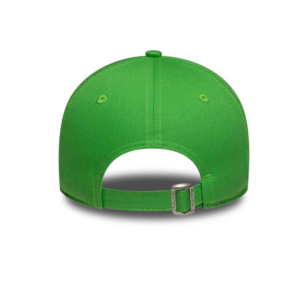 LA Dodgers Womens MLB League Essential Open Green New Era 9TWENTY Adjustable Cap, rear view showing the unembellished back panels and top button in green, with an adjustable strap featuring a buckle for custom fit.