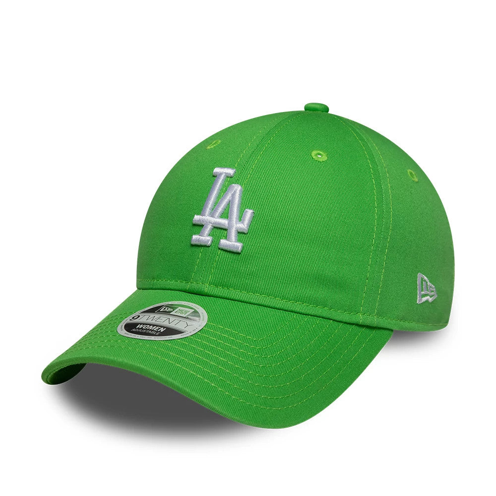 LA Dodgers Womens MLB League Essential Open Green New Era 9TWENTY Adjustable Cap, front view showing raised white LA logo embroidered on the unstructured green crown, with a curved visor featuring a 9TWENTY size sticker and embroidered eyelets.