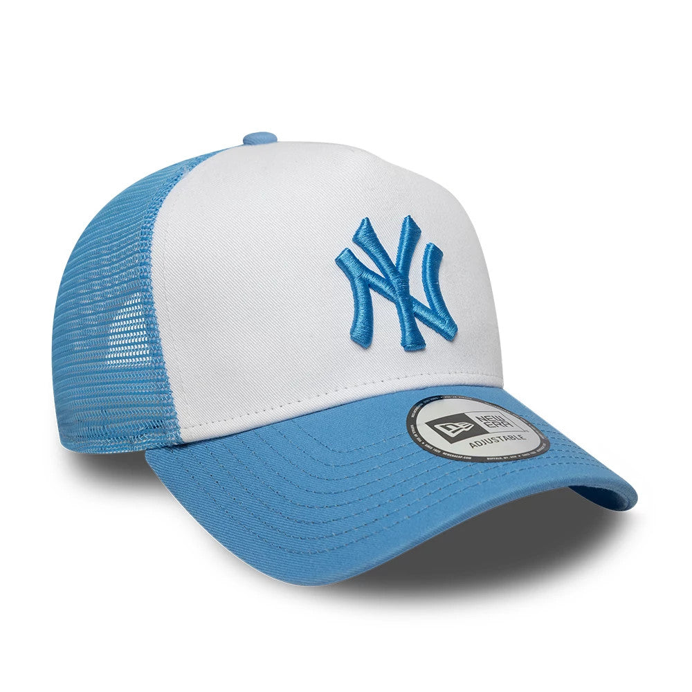 New York Yankees MLB League Essential Pastel Blue New Era 9FORTY A-Frame Trucker Adjustable Cap, three-quarter view showing a raised blue embroidered NY logo on the white front panel, pastel blue mesh side panels.