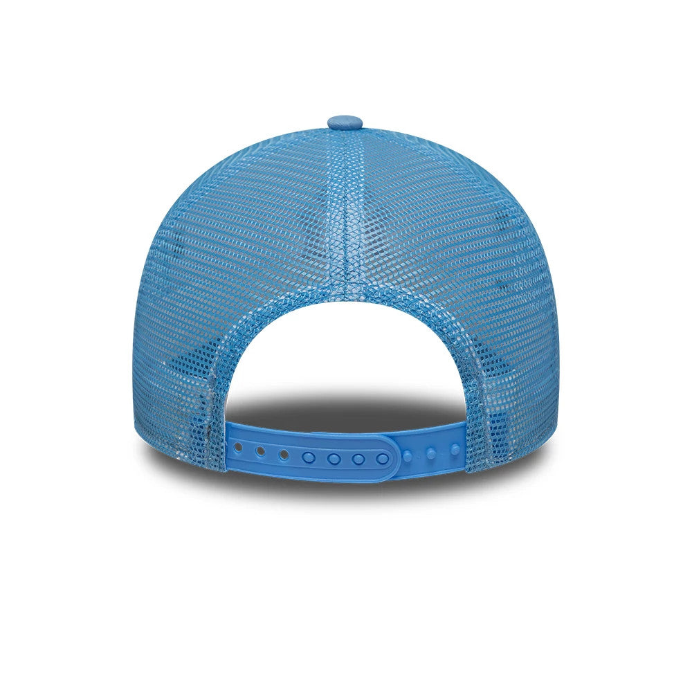 New York Yankees MLB League Essential Pastel Blue New Era 9FORTY A-Frame Trucker Adjustable Cap, rear view showing the adjustable snap strap closure on a pastel blue mesh back panel, featuring a structured shape with a top button.