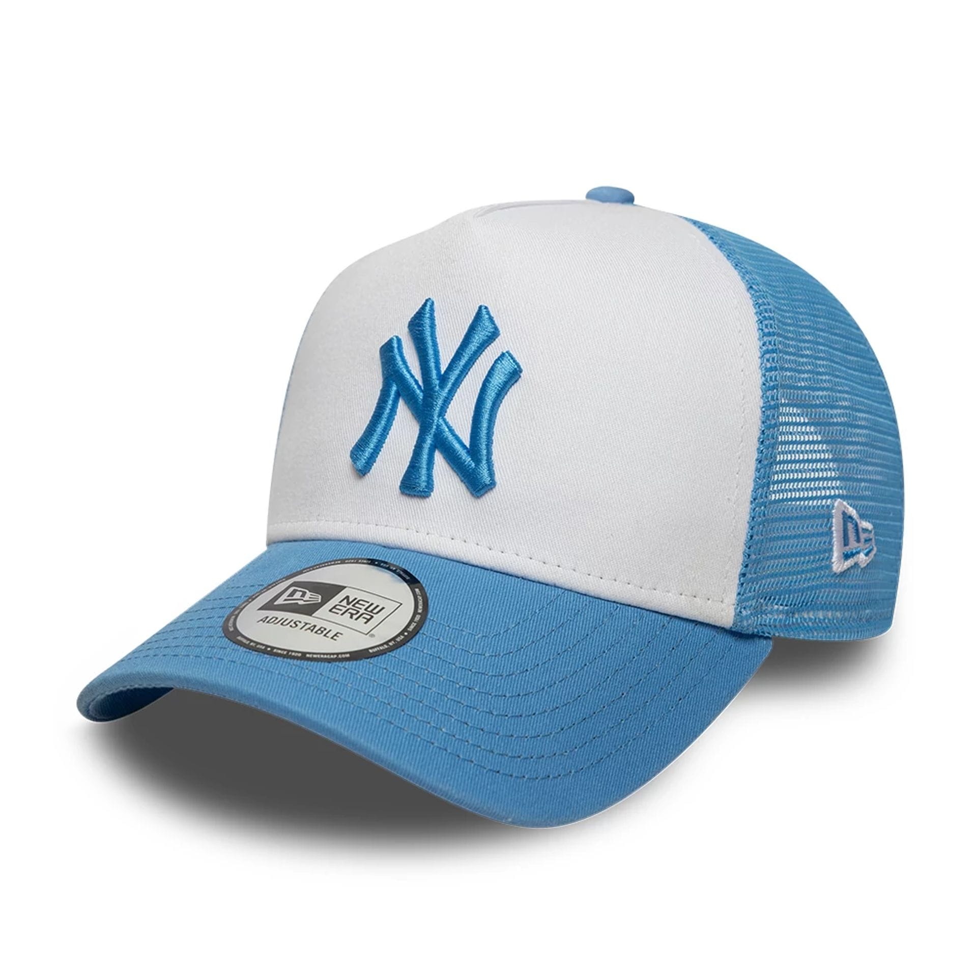 Pictured is this MLB League Essential New York Yankees 9FORTY A-Frame Trucker cap in pastel blue. 1