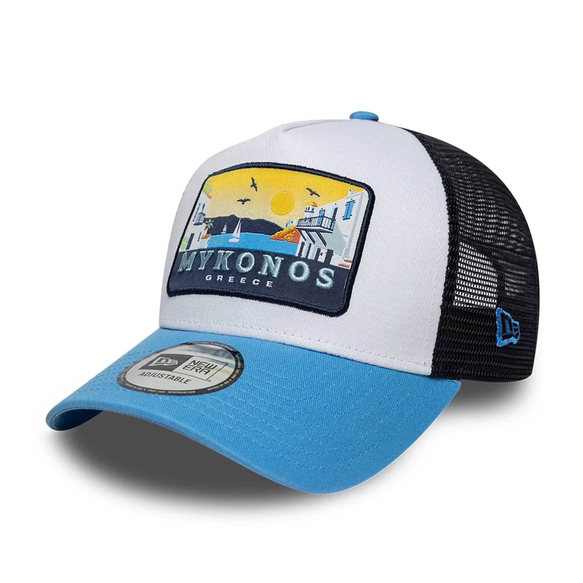 Pictured is this New Era Location 9FORTY A-Frame Trucker cap in pastel blue. 1