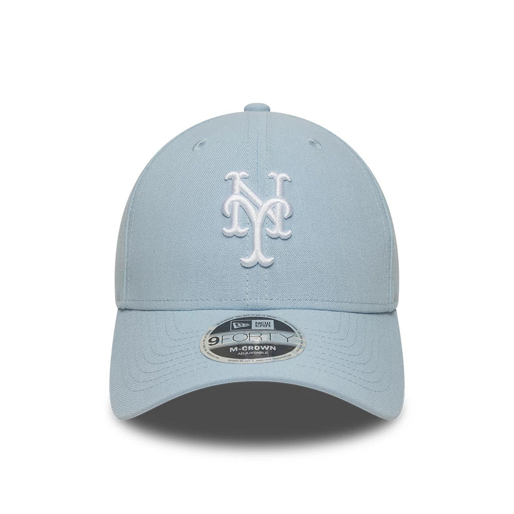 New York Mets MLB Linen Pastel Blue New Era 9FORTY M-Crown Adjustable Cap, front view showing the raised white embroidered NY logo on the structured pastel blue crown, curved visor with a 9FORTY size sticker, and matching top button.