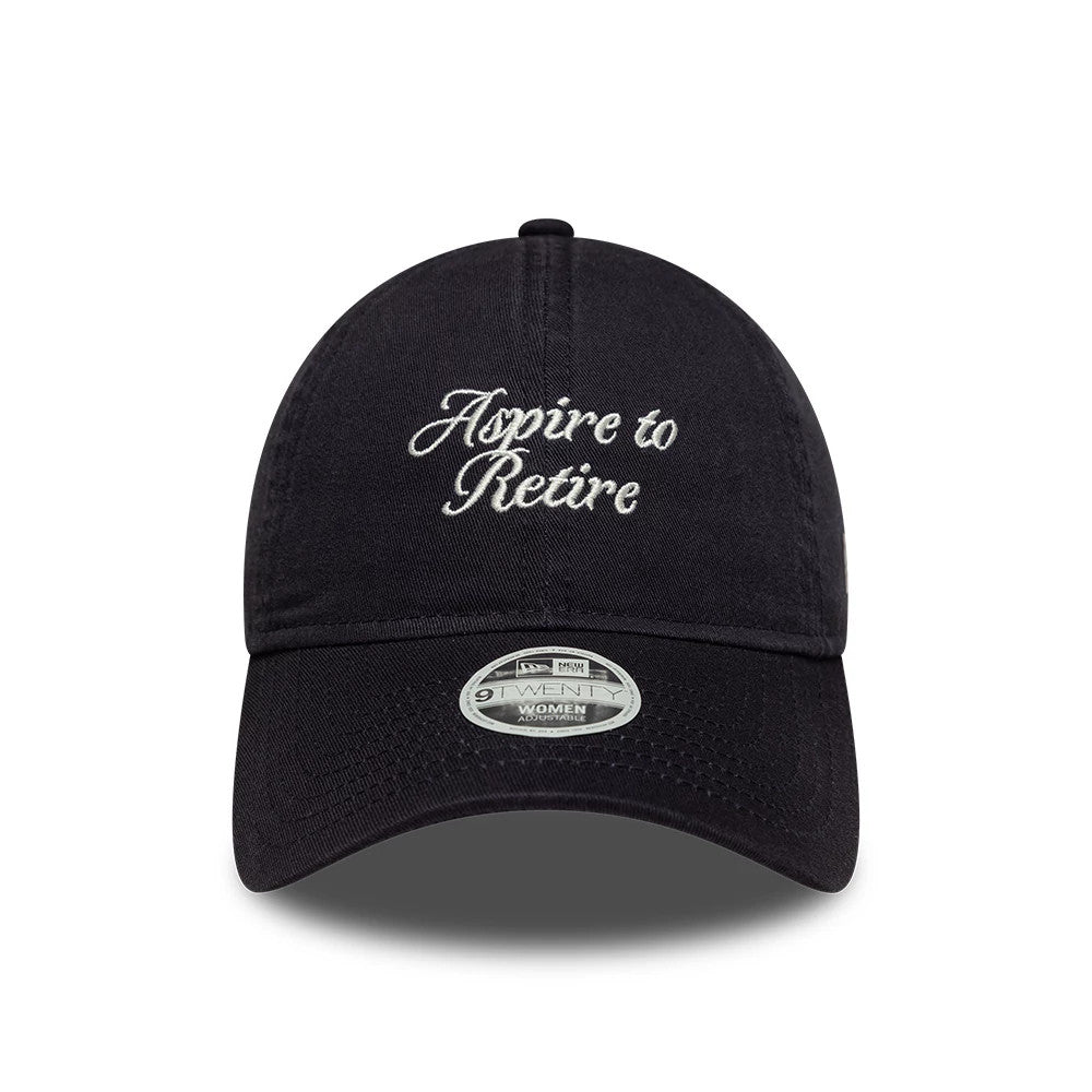 Pictured is this Womens New Era Slogan 9TWENTY cap in navy. 2