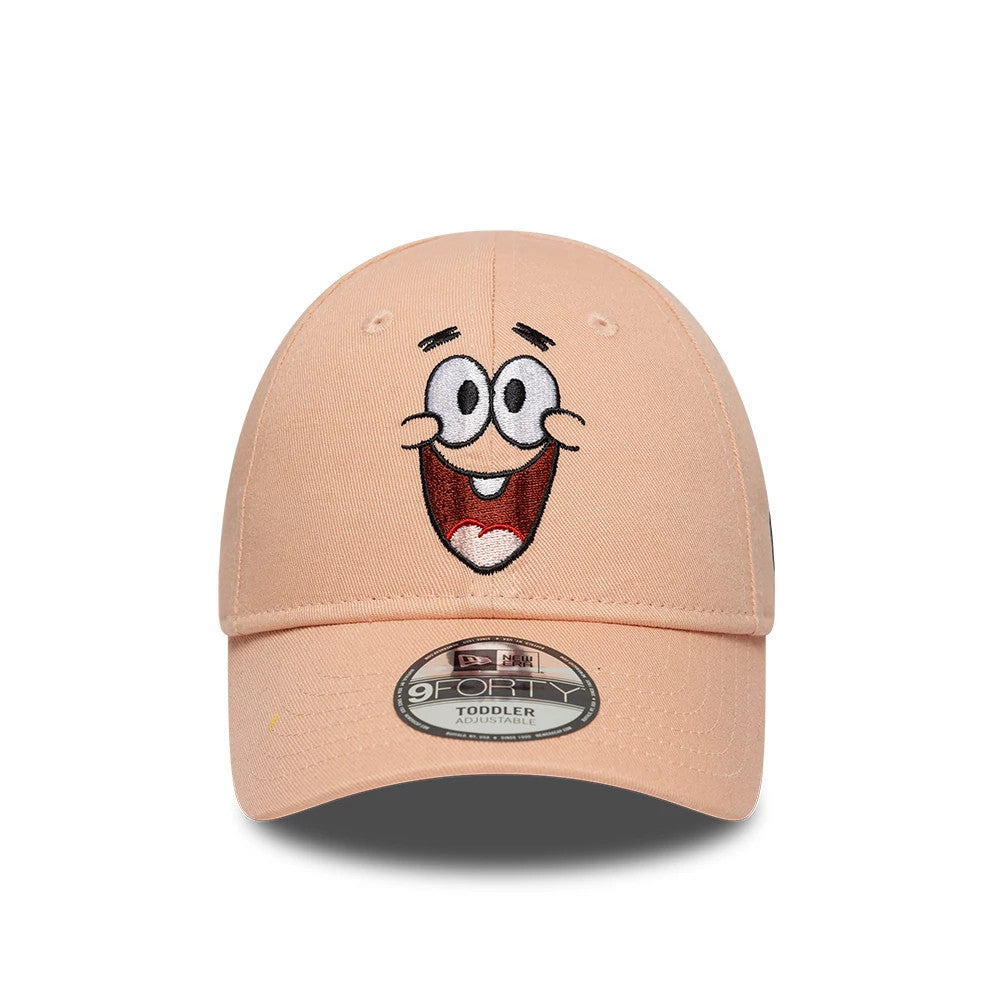 Patrick Star Toddler Spongebob Pastel Pink New Era 9FORTY Adjustable Cap, front view with a smiling Patrick Star face embroidered in black, white, and red on the front panel, curved pastel pink visor, and 9FORTY size sticker on the visor.