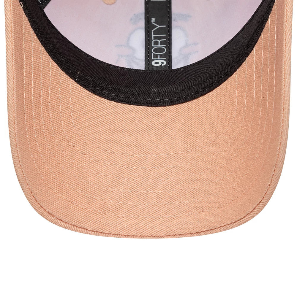 Patrick Star Toddler Spongebob Pastel Pink New Era 9FORTY Adjustable Cap, inside view showing the contrasting black undervisor, white sweatband and inner taping with the 9FORTY label, against the soft pastel pink of the visor and crown edge.