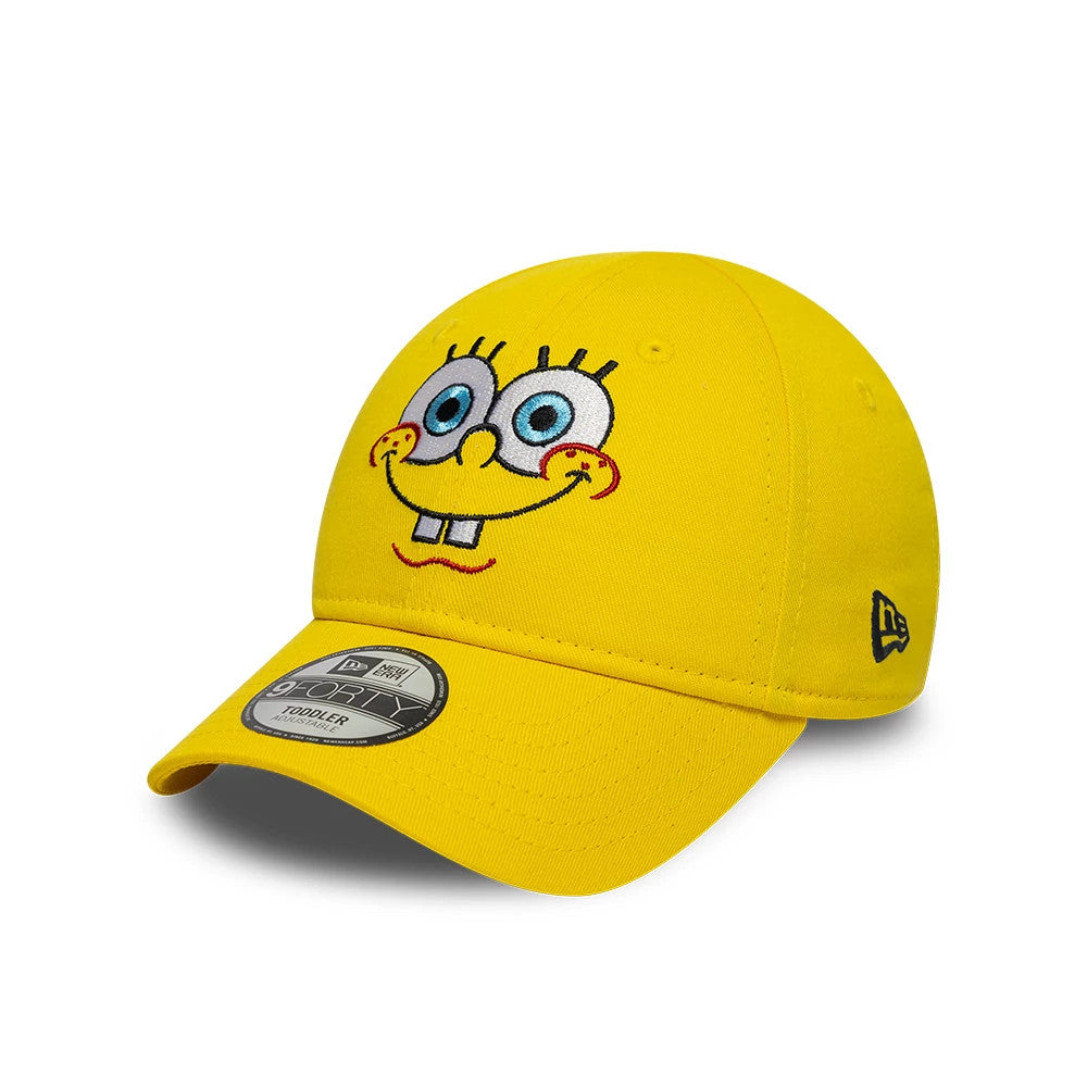 Spongebob Squarepants Toddler Bright Yellow New Era 9FORTY Adjustable Cap, front view showing a colourful embroidered Spongebob face on the front panel, a 9FORTY size sticker on the curved yellow visor, and the New Era flag logo on the left side.