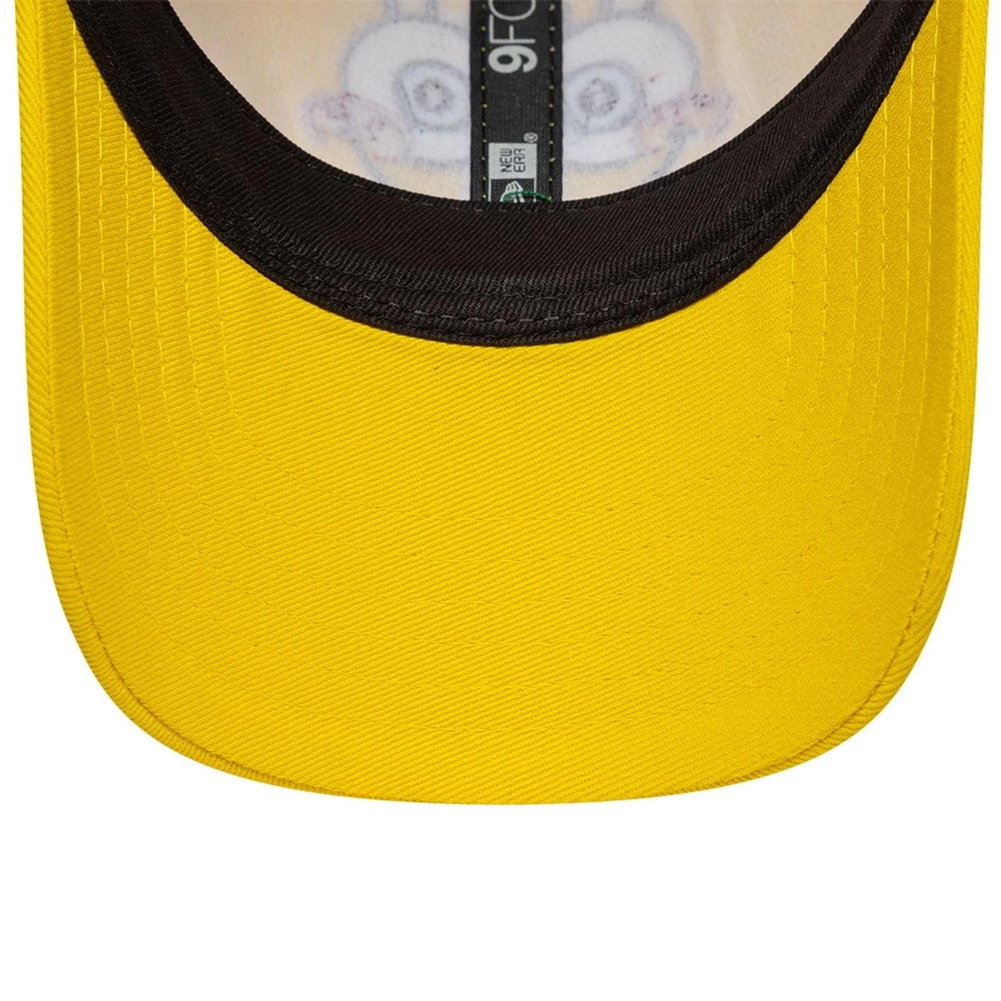 Spongebob Squarepants Toddler Bright Yellow New Era 9FORTY Adjustable Cap, inside view showing the black sweatband and taping with a 9FORTY label, a graphic pattern on the light-coloured undervisor, and a bright yellow visor edge.