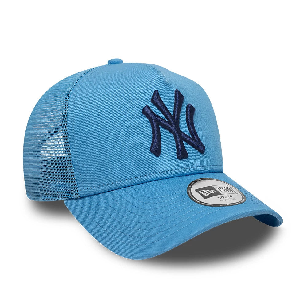 New York Yankees Youth MLB League Essential Pastel Blue New Era 9FORTY A-Frame Trucker Adjustable Cap, three-quarter view showing the navy raised embroidered NY logo on the front panel, blue mesh backing.