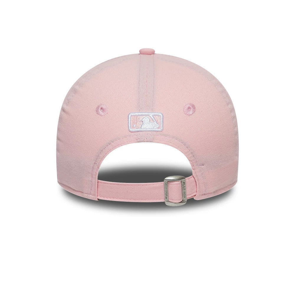 LA Dodgers Youth MLB Linen Pastel Pink New Era 9FORTY M-Crown Adjustable Cap, rear view showing the white embroidered MLB Batterman logo centred above the opening, with a buckle on the adjustable pastel pink strap.