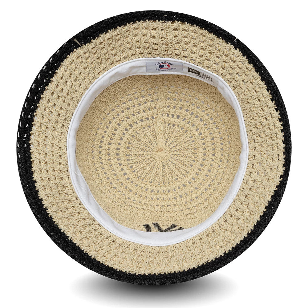 New Era New York Yankees Womens MLB Knitted Light Beige Explorer Bucket Hat, inside view showing the intricate knitted pattern on the crown, a white inner sweatband, and the contrasting black edge detail around the visor.