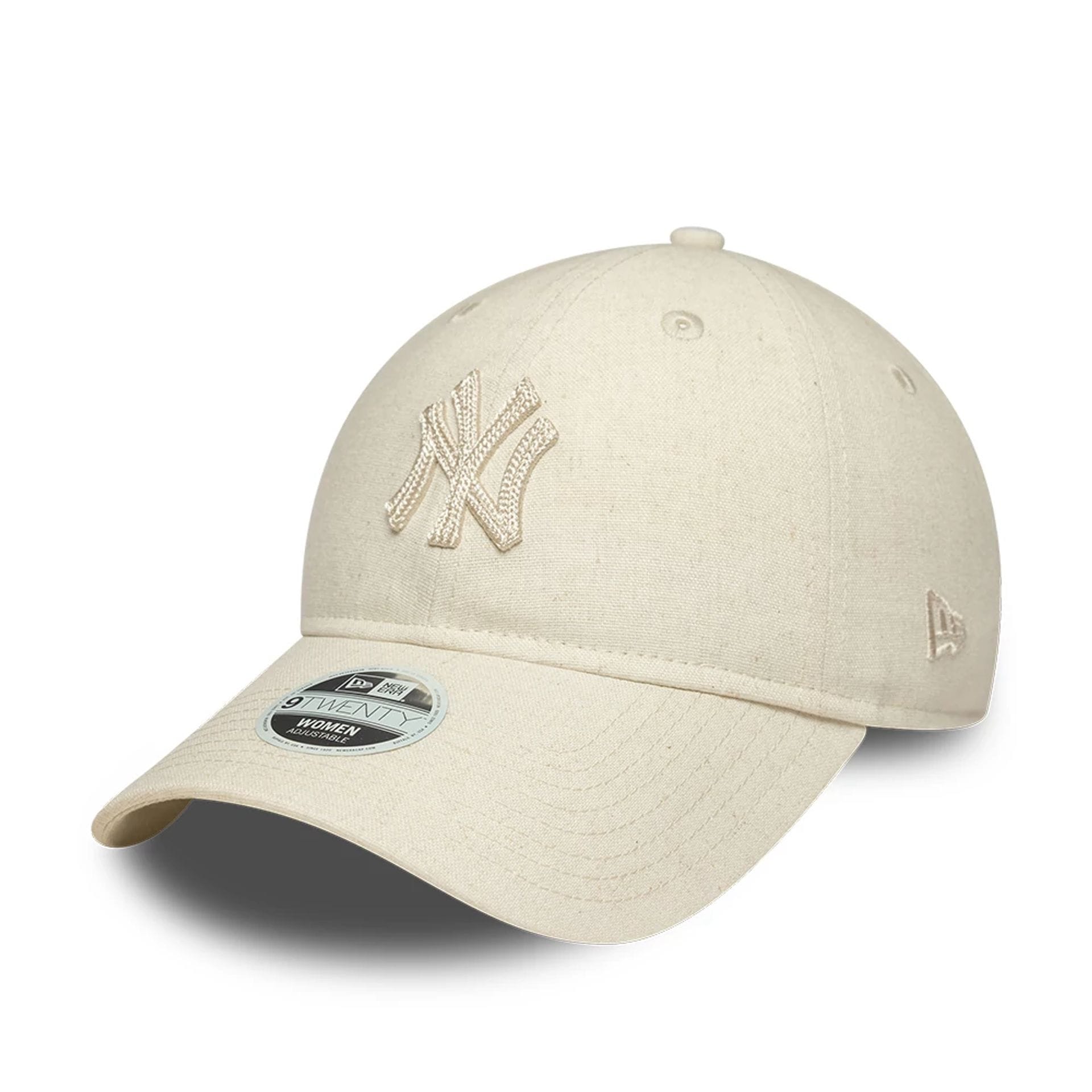 Pictured is this Womens MLB Linen New York Yankees 9TWENTY cap in light beige. 1