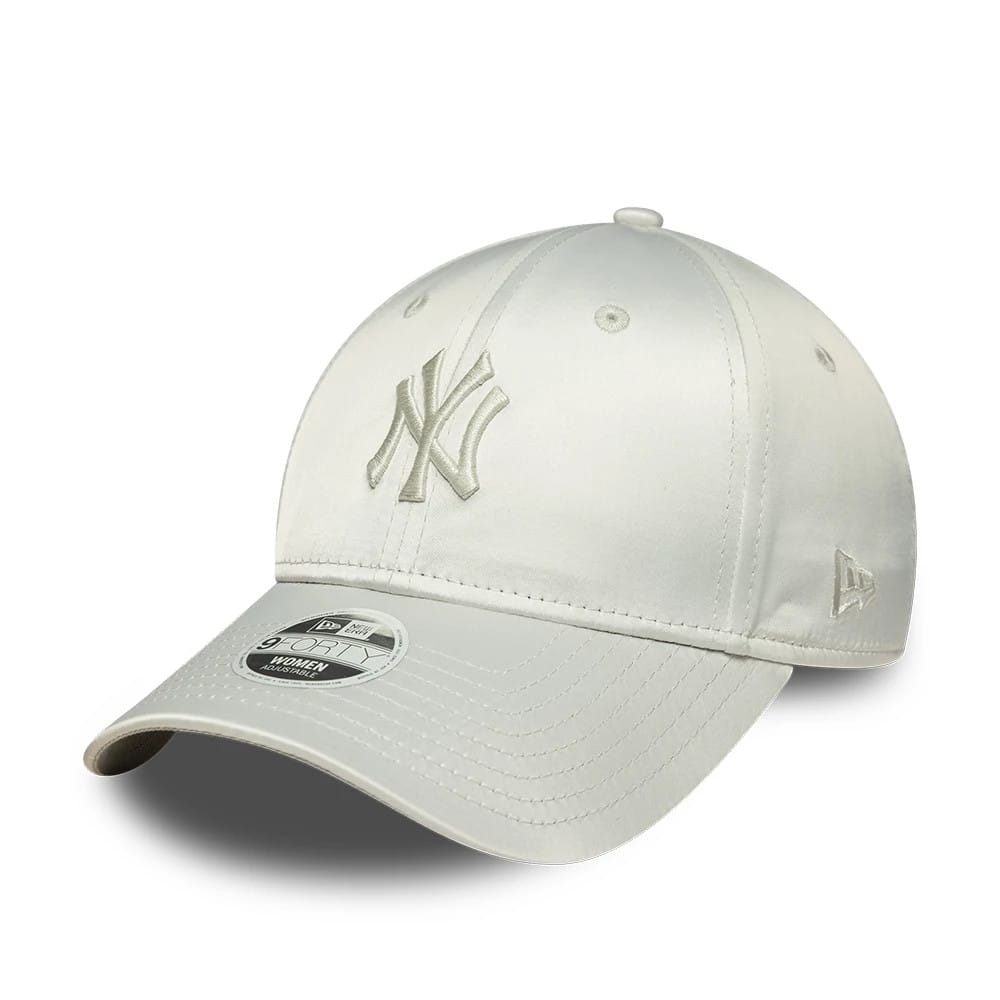 New York Yankees Womens MLB Satin Bow Back Grey New Era 9FORTY Adjustable Cap, front view showing the raised NY logo embroidered on the front panel, with a curved grey visor featuring a 9FORTY size sticker and the New Era flag logo on the left side.