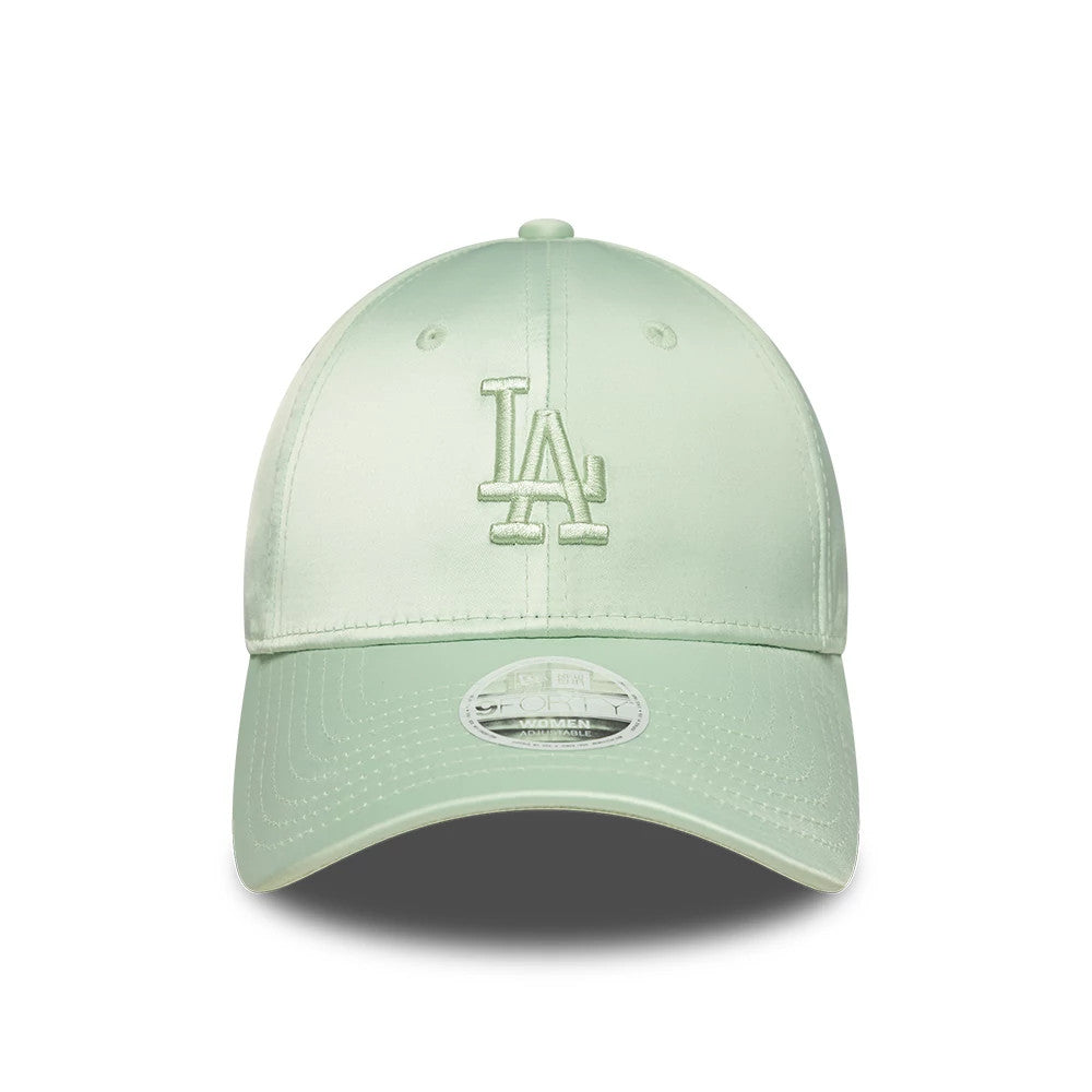 LA Dodgers Womens MLB Satin Bow Back Pastel Green New Era 9FORTY Adjustable Cap, front view showing the pastel green raised LA logo in embroidery on the front panel, with a curved visor and a 9FORTY size sticker on the centre.