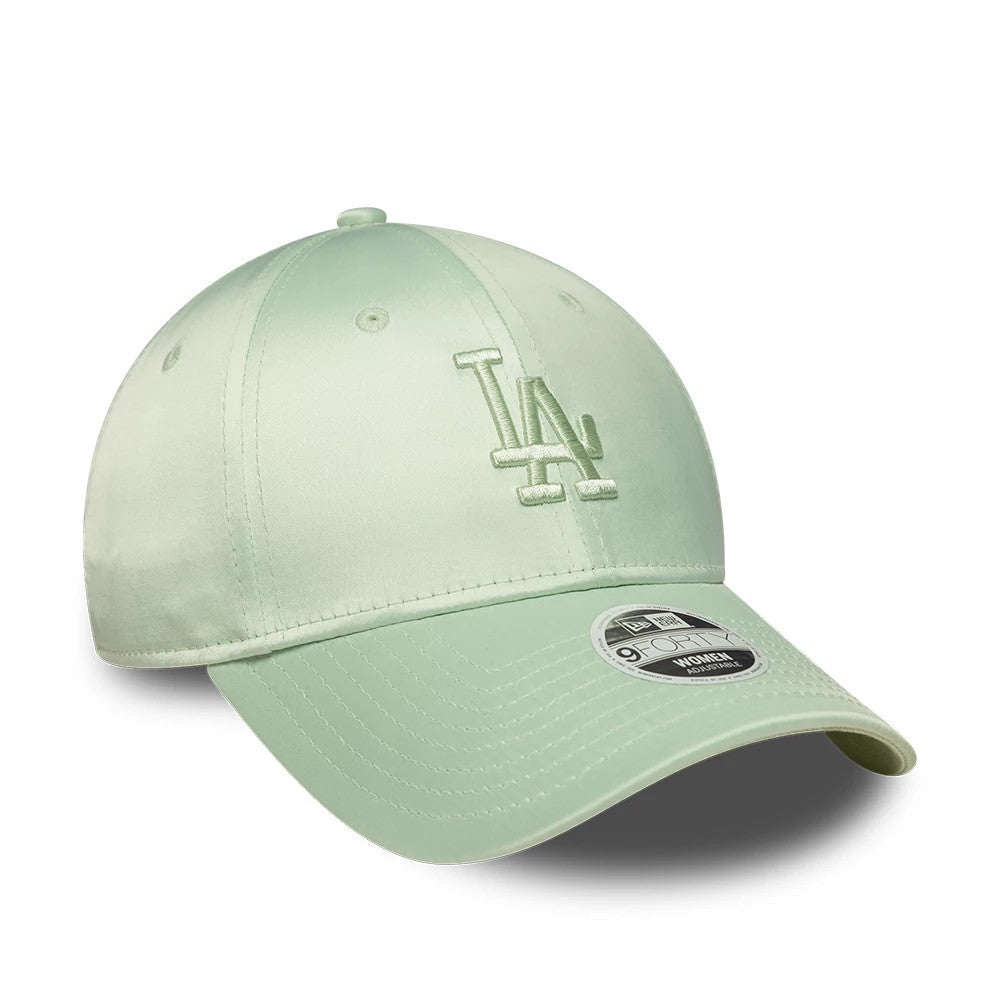 LA Dodgers Womens MLB Satin Bow Back Pastel Green New Era 9FORTY Adjustable Cap, three-quarter view showing the raised embroidered pastel green LA logo on the front panel, a curved pastel green visor and a 9FORTY size sticker on the visor.
