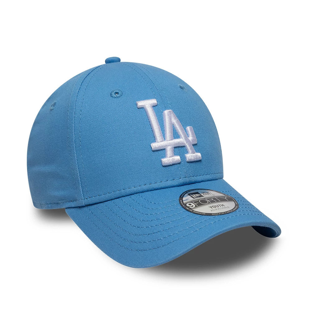 LA Dodgers Youth MLB League Essential Pastel Blue New Era 9FORTY Adjustable Cap, three-quarter view showing the raised white embroidered LA logo on the front panel, curved pastel blue visor, and 9FORTY size sticker on top.