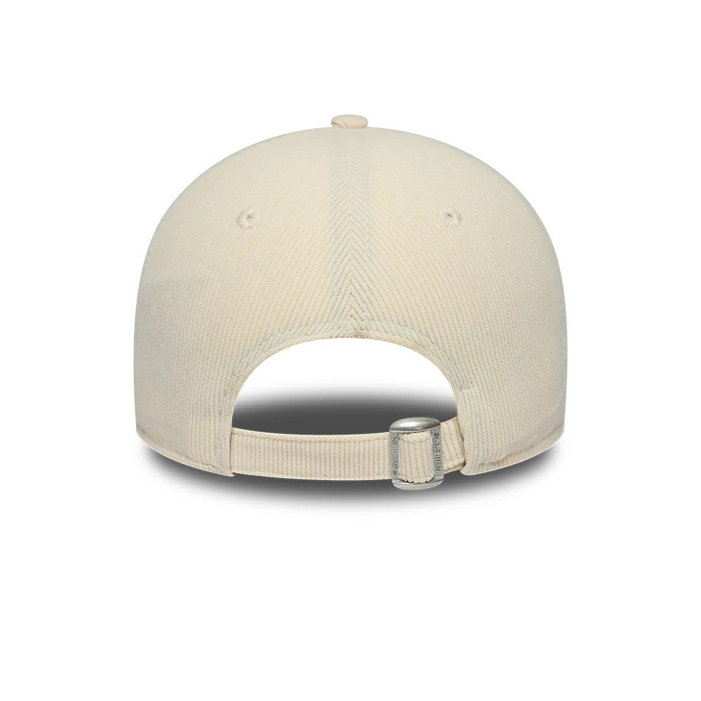 New York Yankees Womens MLB Midi Cord Cream New Era 9FORTY Adjustable Cap, rear view showing the cream fabric strap with buckle adjuster, matching embroidered eyelets, and a soft structured crown without a back logo.