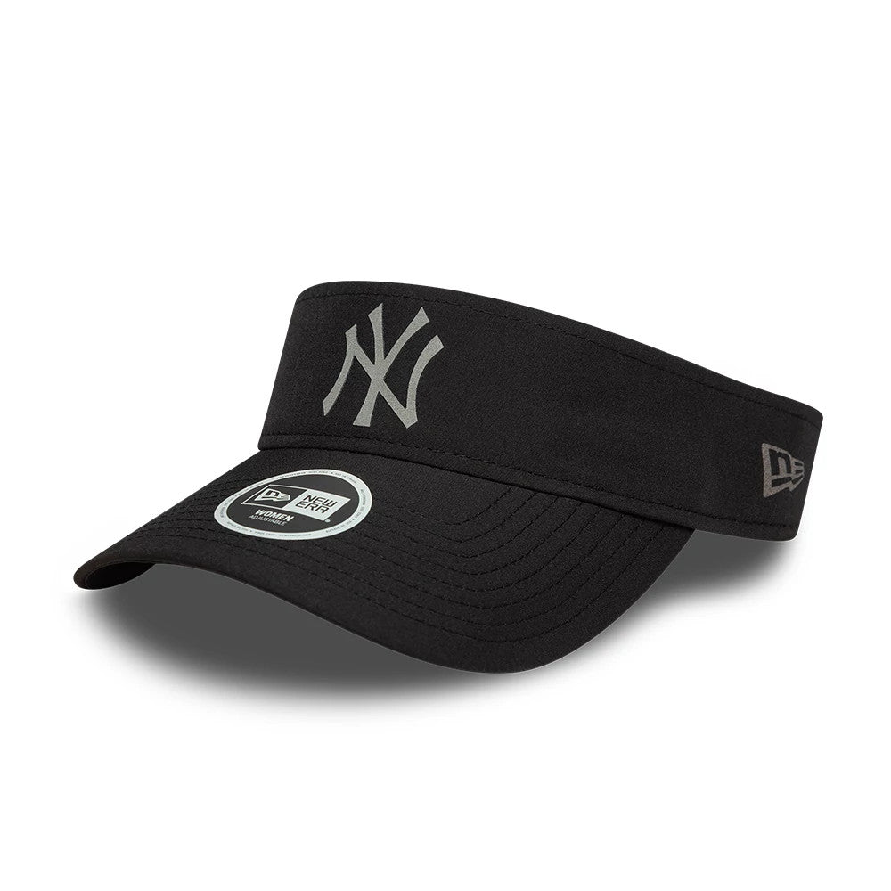 New Era New York Yankees Womens MLB Sport Black Visor Cap, front view showing the prominent grey NY logo embroidered on the front panel, a curved black visor with a New Era 9FORTY size sticker, and the New Era flag logo on the left side.