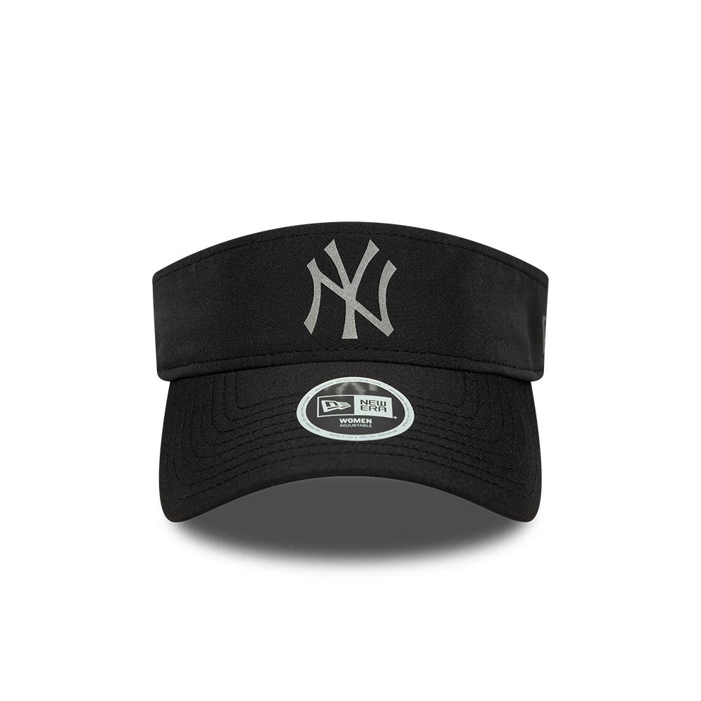 New Era New York Yankees Womens MLB Sport Black Visor Cap, front view showing the raised grey embroidered NY logo on the front panel, black curved visor with stitching, and a New Era WOMEN size sticker on the top of the visor.