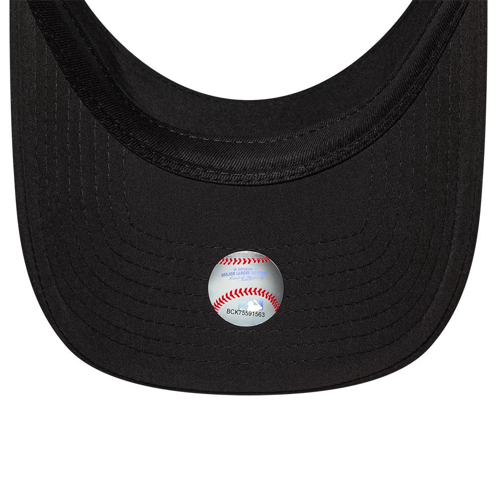 New Era New York Yankees Womens MLB Sport Black Visor Cap, inside view showing the black underside of the visor with stitching details, a baseball-themed sticker near the edge, and a dark sweatband lining the inner curve.