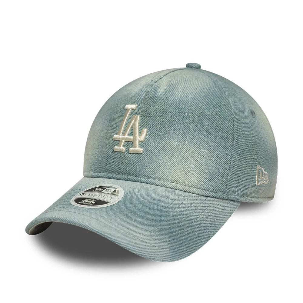 LA Dodgers Womens MLB Denim Light Blue New Era 9TWENTY A-Frame Adjustable Cap, three-quarter view showing a raised white embroidered LA logo on the front panel, complete with a curved visor and a 9TWENTY size sticker on the visor.