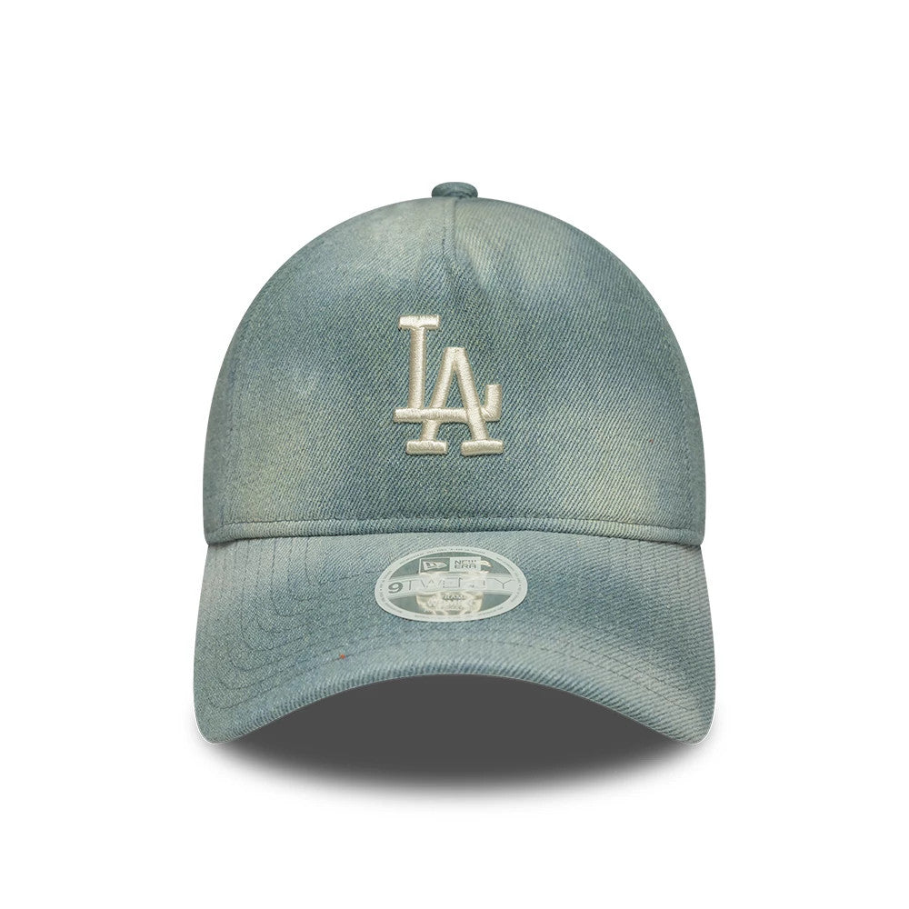 LA Dodgers Womens MLB Denim Light Blue New Era 9TWENTY A-Frame Adjustable Cap, front view showing the raised white embroidered LA logo on the centre of the structured denim crown, with a 9TWENTY size sticker on the curved visor.