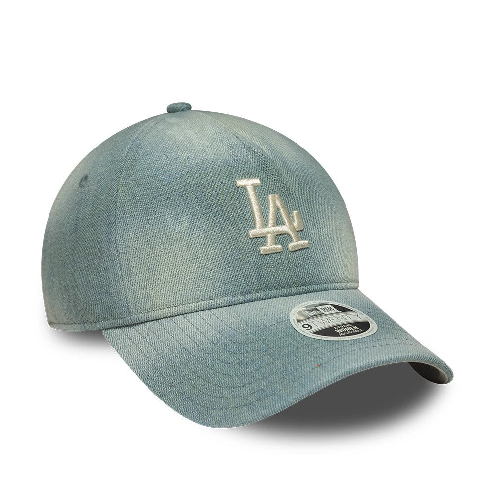 LA Dodgers Womens MLB Denim Light Blue New Era 9TWENTY A-Frame Adjustable Cap, three-quarter view showing the cream raised embroidered LA logo on the front panel, with a 9TWENTY size sticker on the curved denim visor.