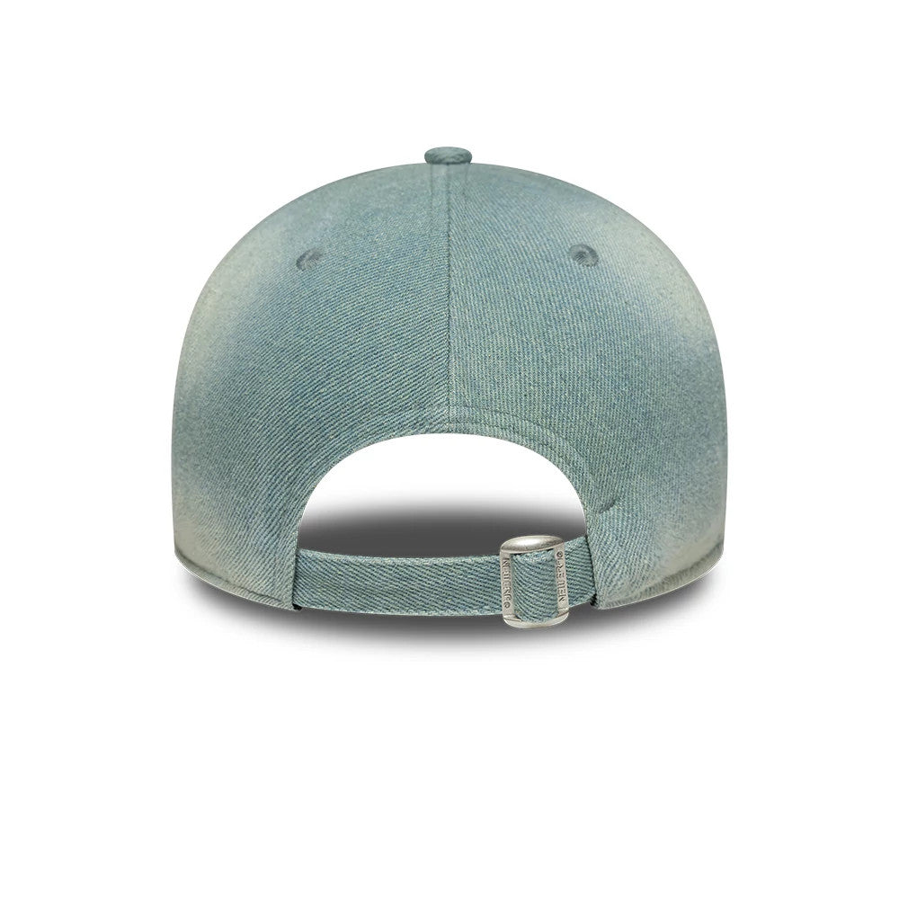 LA Dodgers Womens MLB Denim Light Blue New Era 9TWENTY A-Frame Adjustable Cap, rear view showing the unstructured denim crown with a curved visor, New Era flag logo below the back opening, and an adjustable strap with a buckle.