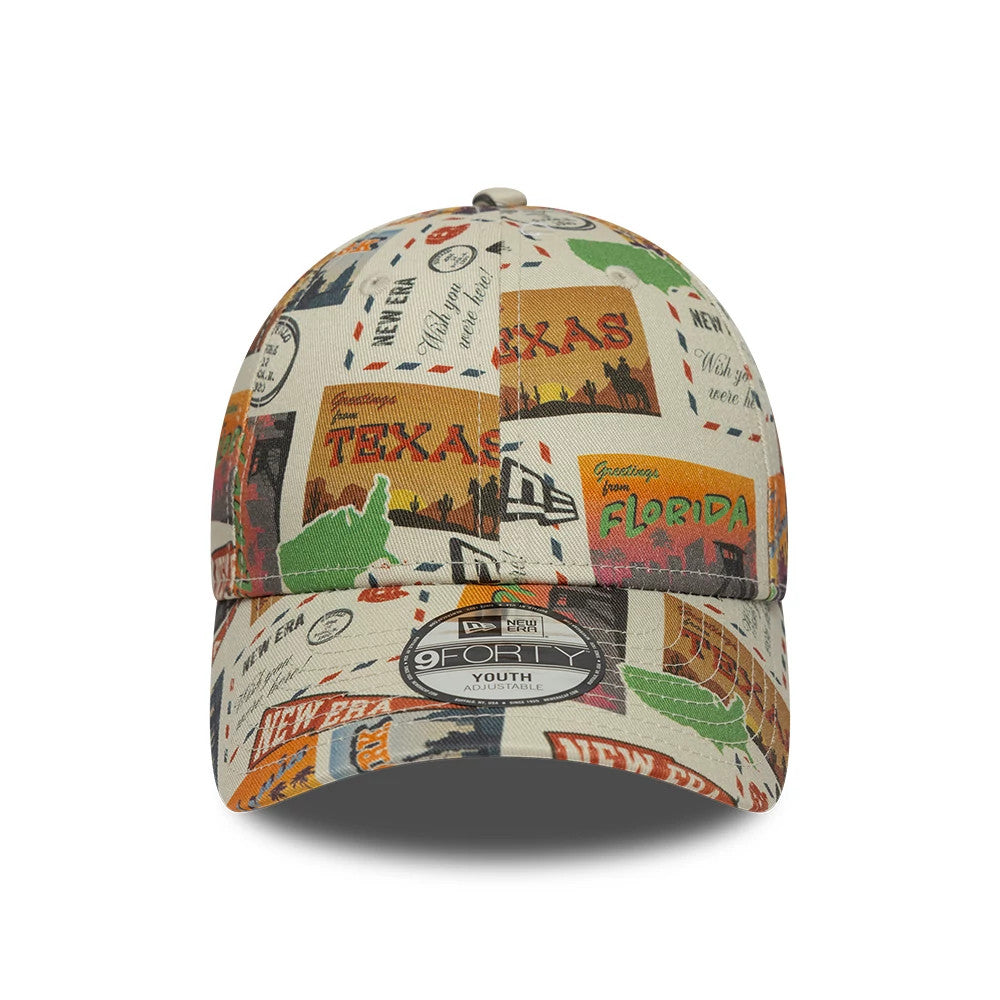 Youth New Era Location Light Beige 9FORTY Adjustable Cap, front view showing a all-over print of vintage travel postcards featuring Texas and Florida, a curved visor, and a 9FORTY size sticker on the light beige fabric.
