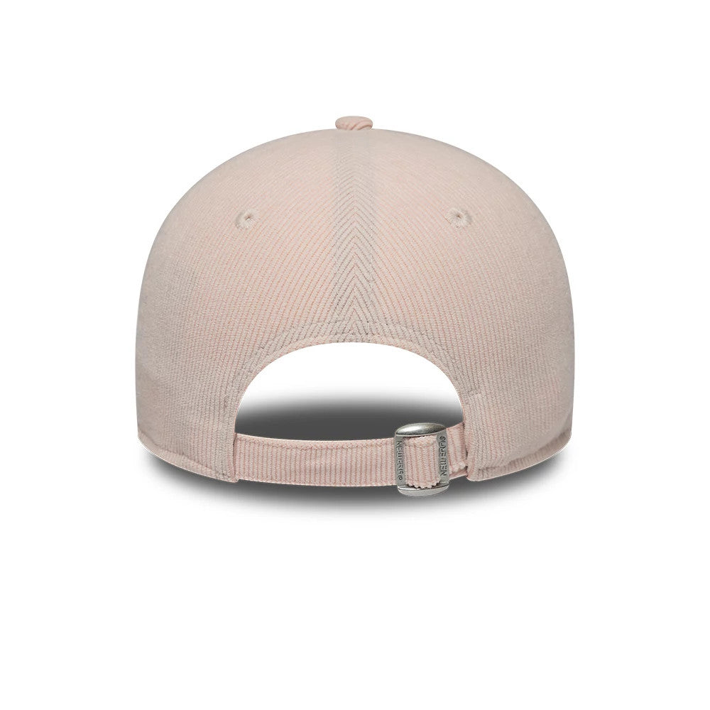 LA Dodgers Womens MLB Cord Pastel Pink New Era 9FORTY Adjustable Cap, rear view revealing the light pink structured crown, two embroidered eyelets, and a fabric strap with buckle for size adjustment.