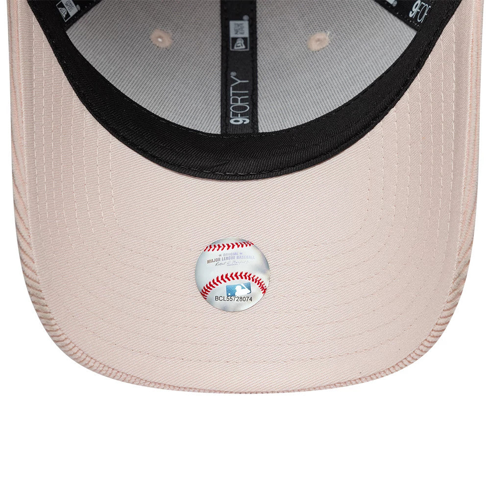 LA Dodgers Womens MLB Cord Pastel Pink New Era 9FORTY Adjustable Cap, inside view showing the black taping featuring repeating 9FORTY lettering, a light grey sweatband lining, and the pastel pink undervisor with an MLB holographic sticker.