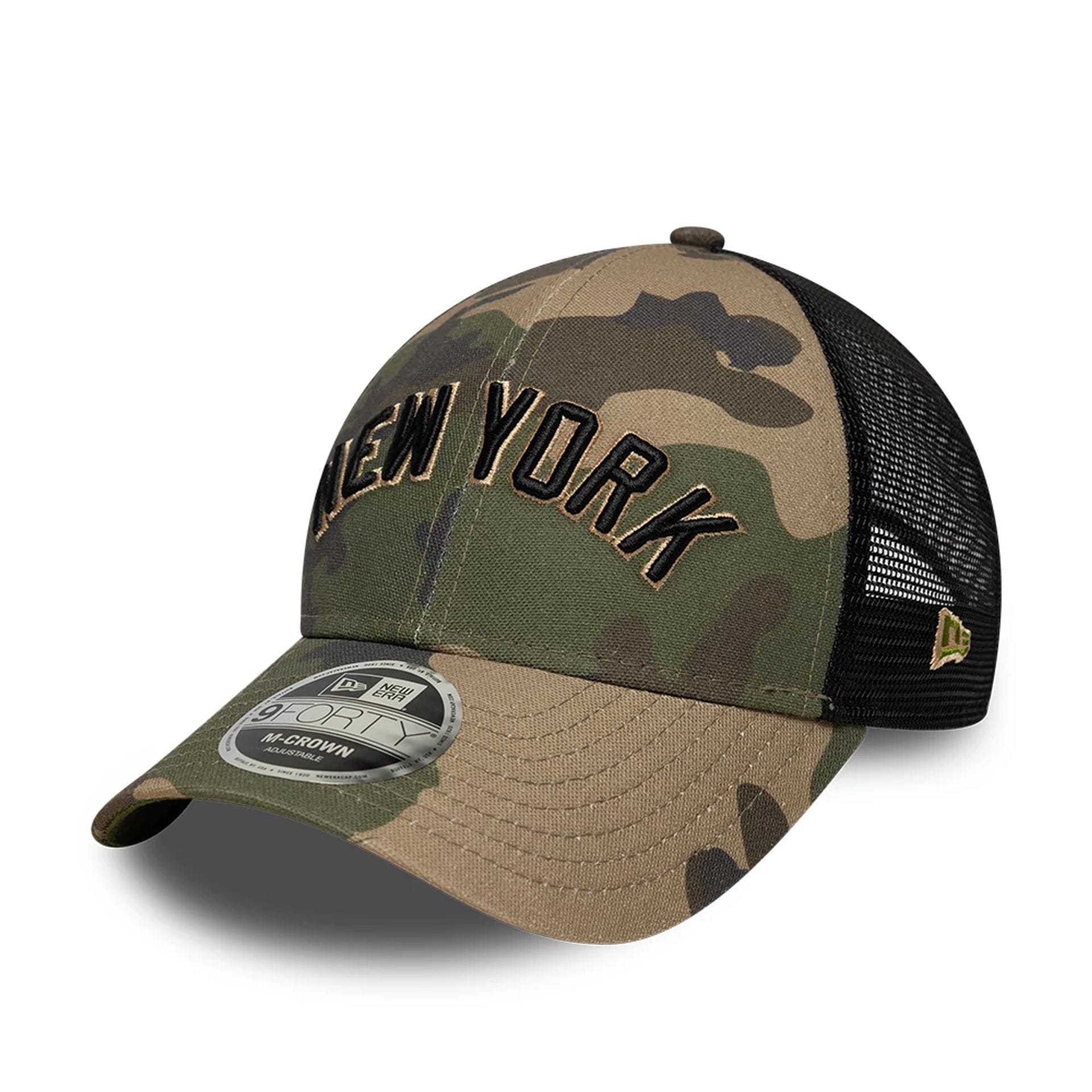Pictured is this MLB Wordmark New York Yankees 9FORTY M-Crown cap in Woodland Camo. 1