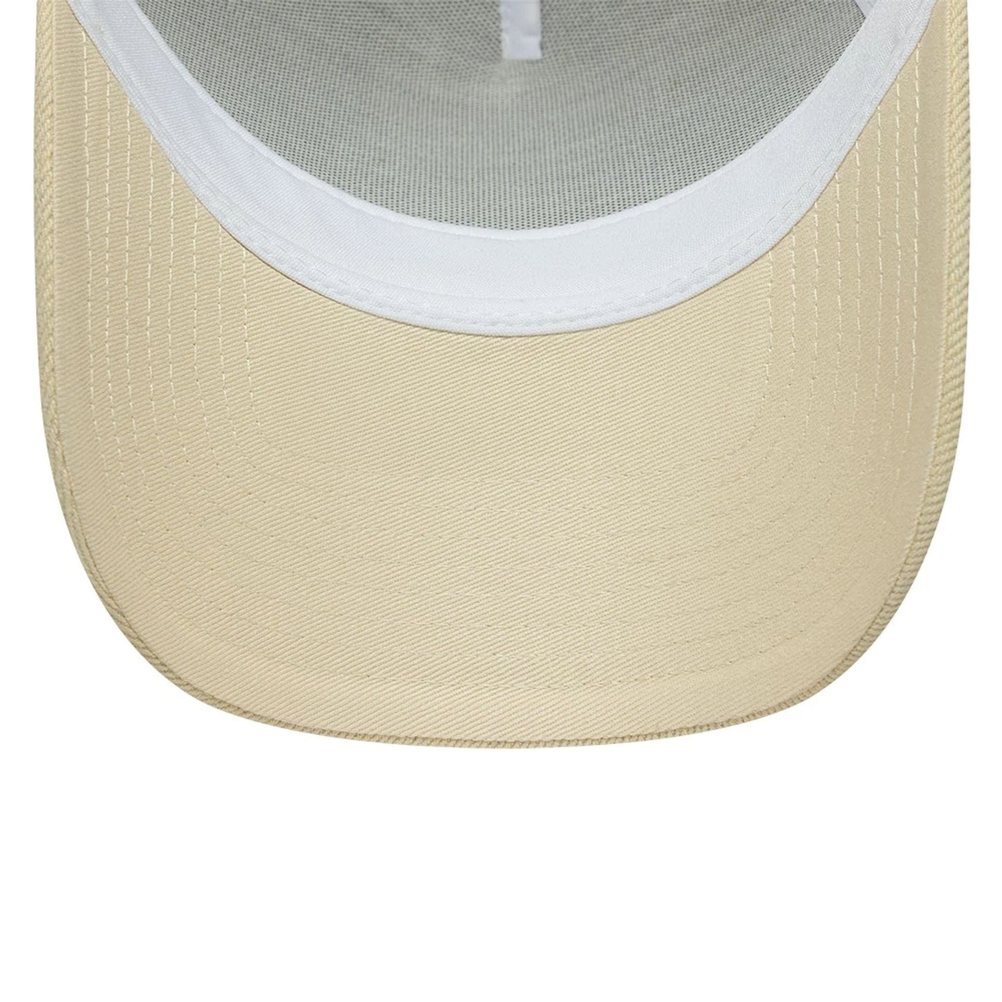 Pictured is this New Era Leather Patch 9FORTY A-Frame Trucker cap in light beige. 5