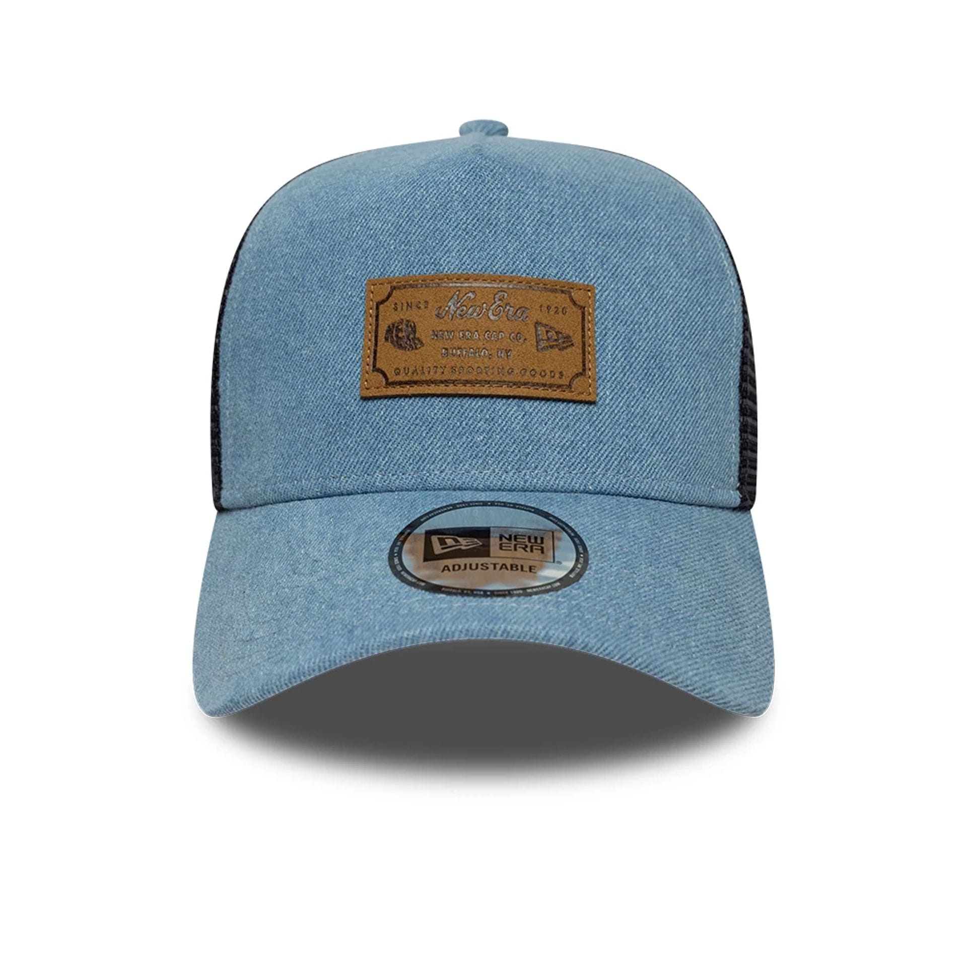 Pictured is this New Era Leather Patch Denim 9FORTY A-Frame Trucker cap in navy. 2