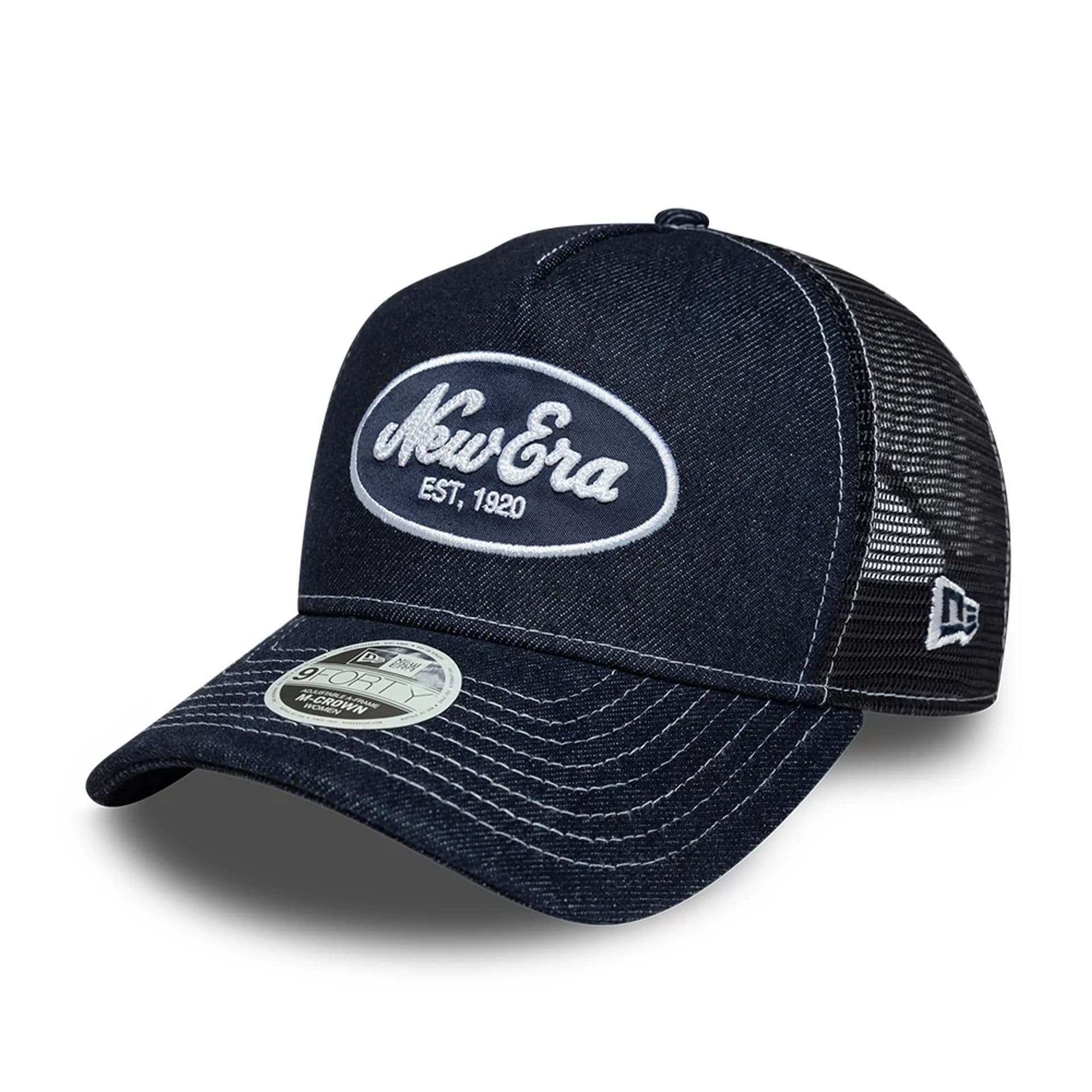 Pictured is this Womens New Era Denim 9FORTY M-Crown A-Frame Trucker cap in navy. 1