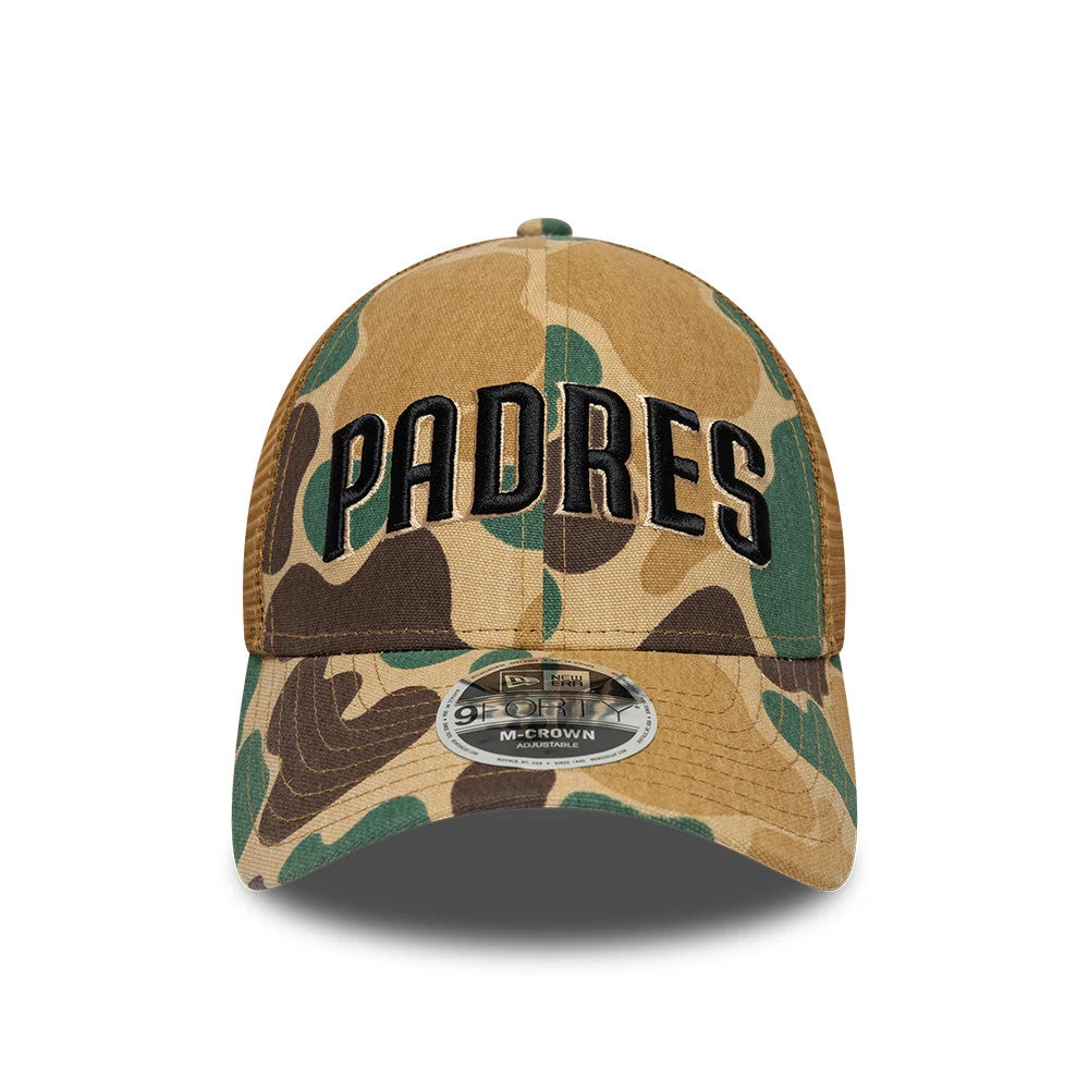 San Diego Padres MLB Wordmark Duck Camo New Era 9FORTY M-Crown Adjustable Cap, front view showing raised black embroidered PADRES lettering on the camo front panel, with a 9FORTY size sticker on the curved visor.