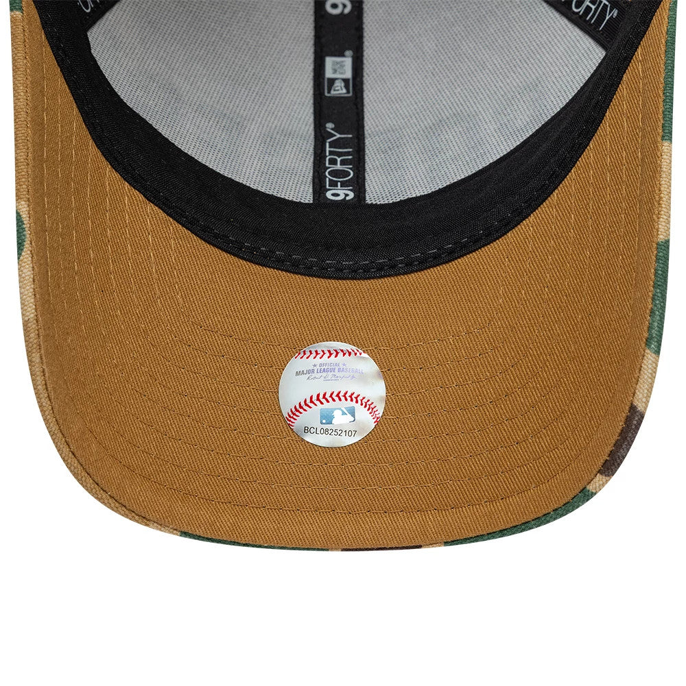 San Diego Padres MLB Wordmark Duck Camo New Era 9FORTY M-Crown Adjustable Cap, inside view showing grey taping with 9FORTY branding, a black sweatband, and a baseball hologram sticker on the brown undervisor.
