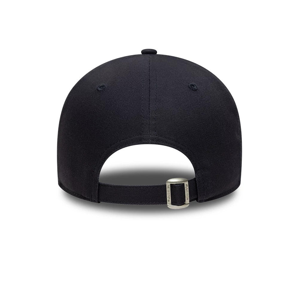 New York Yankees MLB League Essential Navy New Era 9FORTY Adjustable Cap, rear view showing a curved visor, an arching closure gap at the back, and an adjustable strap with a New Era buckle, set on a structured navy crown.