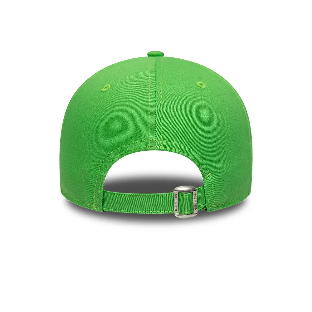 LA Dodgers MLB League Essential Open Green New Era 9FORTY Adjustable Cap, rear view showing the adjustable strap with a buckle, two green embroidered eyelets on the structured crown, and a top button in matching green.