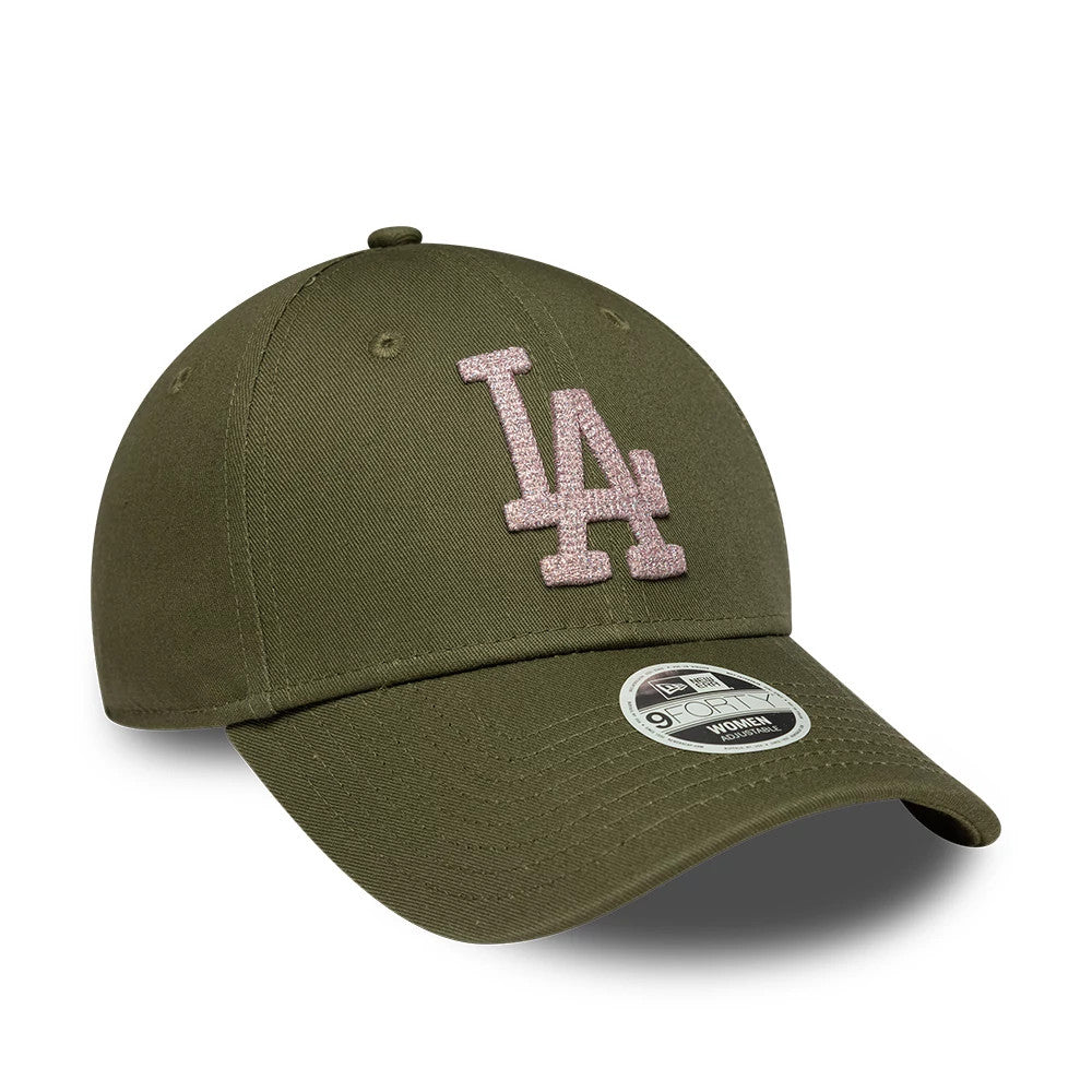 LA Dodgers Womens MLB Metallic Dark Green New Era 9FORTY Adjustable Cap, three-quarter view showing the pink glittery LA logo in raised embroidery on the front panel, dark green pre-curved visor and a 9FORTY size sticker on the top.