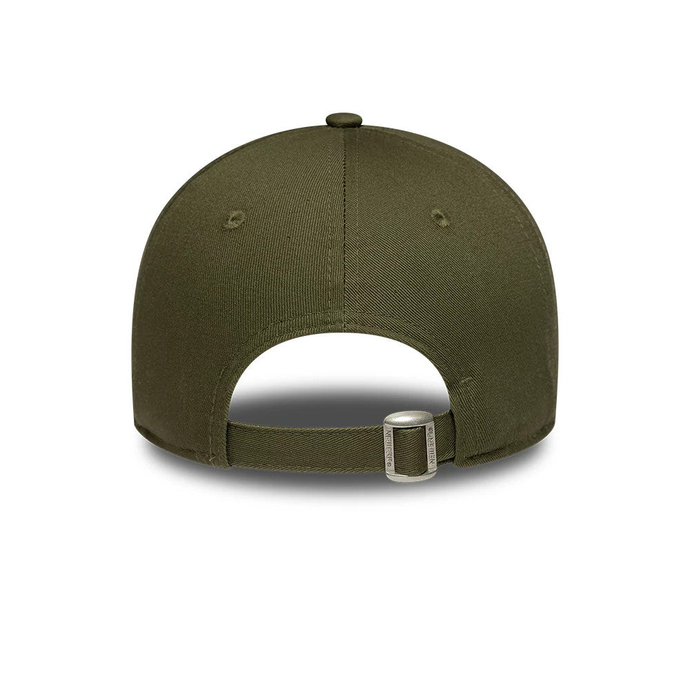 LA Dodgers Womens MLB Metallic Dark Green New Era 9FORTY Adjustable Cap, rear view showing the dark green fabric with an adjustable strap featuring a buckle and the New Era flag on the side of the cap.