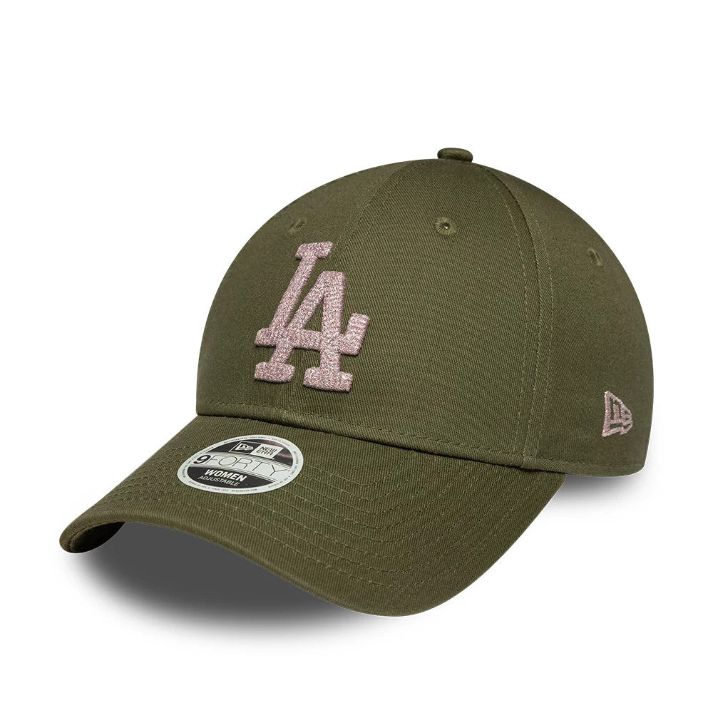 LA Dodgers Womens MLB Metallic Dark Green New Era 9FORTY Adjustable Cap, three-quarter view showing the raised pink glitter embroidered LA logo on the front panel, complemented by the matching pink New Era flag logo on the left side.